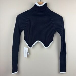 Commense Black Ribbed Turtleneck Cropped Sweater White Trim XS NEW‎
